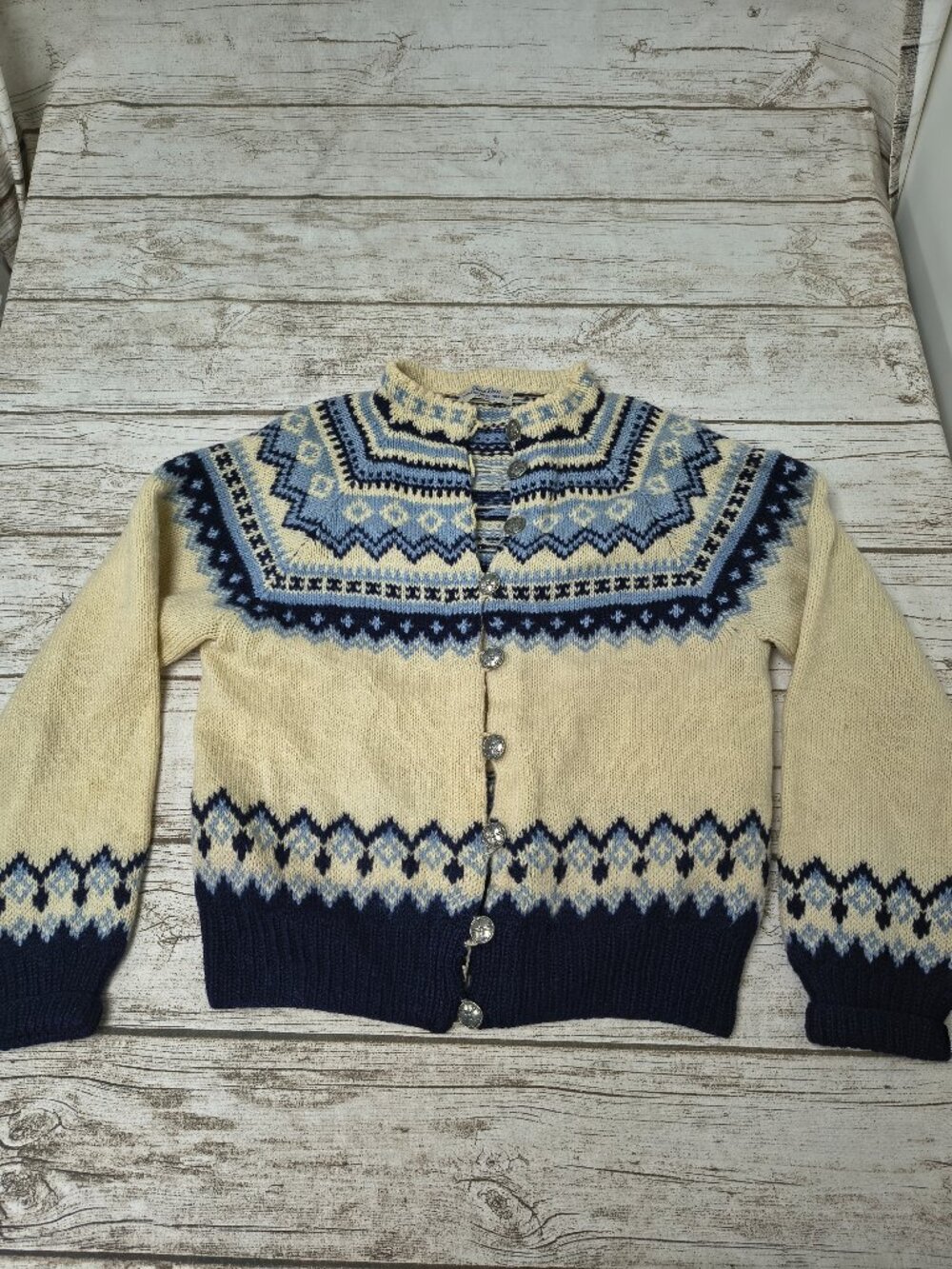 Gunn Reiss Made in Norway Wool Blue and Cream Button Front Fair Isle Cardigan